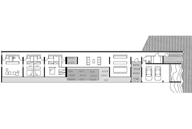 Plan de rez-de-chaussée 1. Entrée 2. Garage 3. cuisine 4. Séjour 5. chambres 6. pièce tv 7. Salles de bains 8. piscine