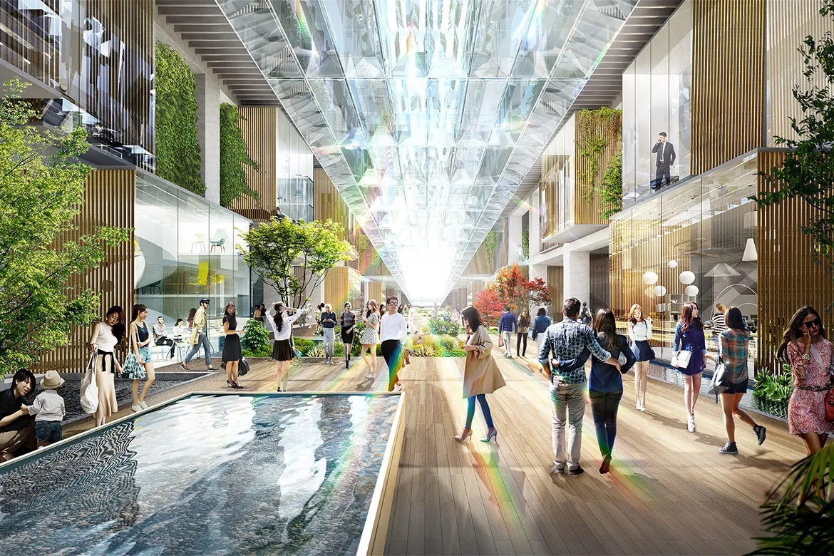 Le futur Pôle multimodal de Gangnam, au cœur de Séoul (Corée du Sud). Coiffées d’un immense parc en surface, les infrastructures souterraines de transport seront entourées de commerces et d’activités variées.