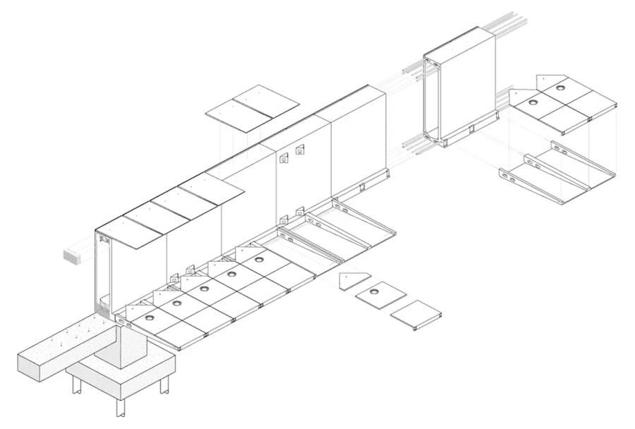 Axonométrie des voussoirs renforcés: 1. Câbles de précontrainte 2. Voussoir BFUP 3. Casquette BFUP 4. Console BFUP 5. Dallette BFUP 6. Bossages ancrage précontrainte