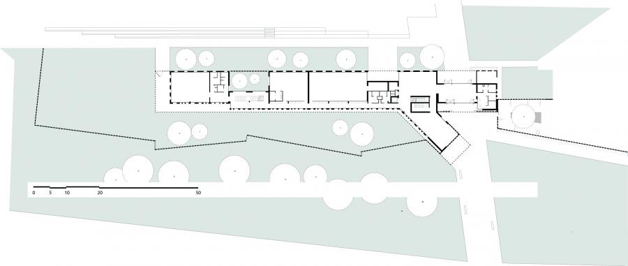 Plan de rez-de-chaussée du bâtiment d’accueil 1. Greta – 2. Salle des professeurs – 3. Salle d’examen – 4. Hall secondaire – 5. Salle d’exposition – 6. Hall d’accueil