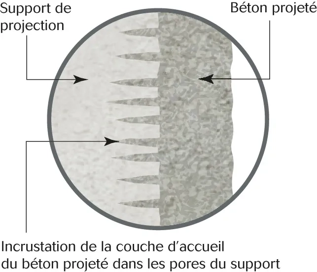 Schéma de l’accrochage mécanique du béton projeté par voie sèche sur le support Schéma de l’accrochage mécanique du béton projeté par voie sèche sur le support