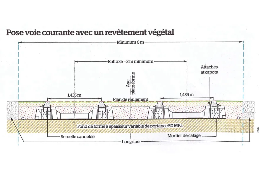 Schéma 4 // Conçus par l’allemand DW Schwellen, les modules préfabriqués de type « ladder track »  (« voie échelle ») sont longs de 6 m et creux au centre. Ils laissent un plus grand accès à la terre.  C’est la première fois qu’ils sont utilisés en France.