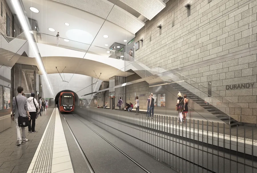 Future station Surandy : les parois moulées seront recouvertes de parements de pierre. Future station Surandy : les parois moulées seront recouvertes de parements de pierre.