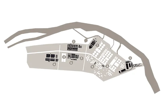 Plan du site Seine-Aval: 1. Unité clarifioculation 2. Unité traitement pollutions azotées 3. Unité prétraitement 4. Unité traitement des boues 5. Unité postdénitrification 6. Unité  le biologique