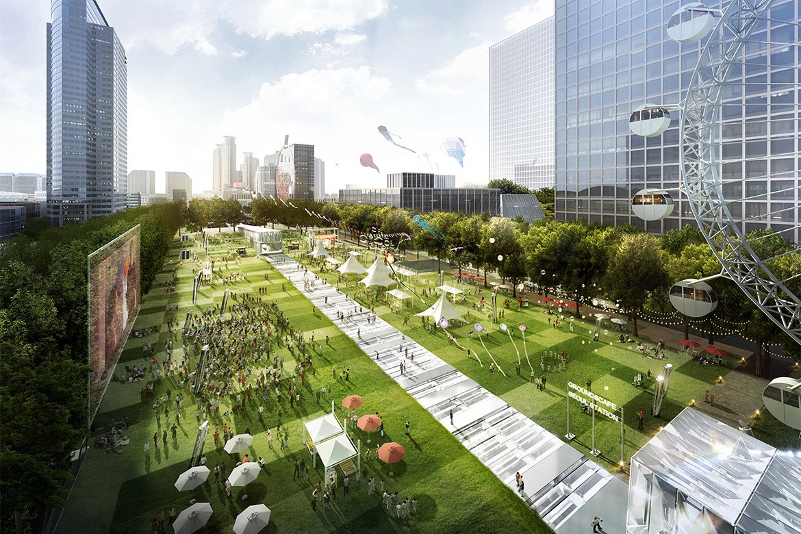 Le futur Pôle multimodal de Gangnam, au cœur de Séoul (Corée du Sud). Coiffées d’un immense parc en surface, les infrastructures souterraines de transport seront entourées de commerces et d’activités variées.