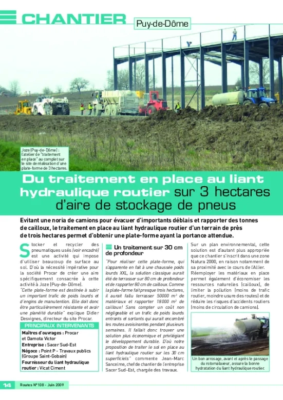 Du traitement en place au liant hydraulique routier sur 3 hectares d'aire de stockage de pneus
