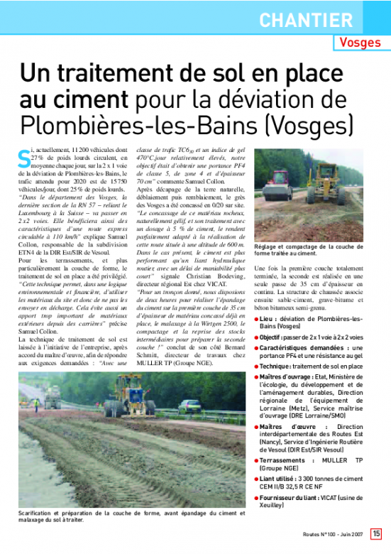 Un traitement de sol en place au ciment pour la déviation de Plombières-les-Bains (Vosges)